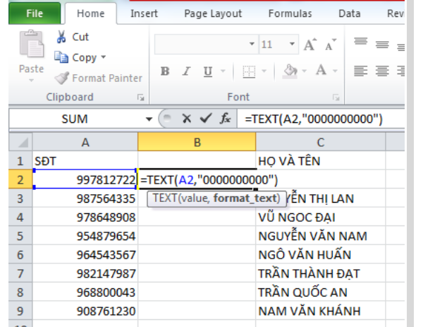 cach nhap so dien thoai trong excel