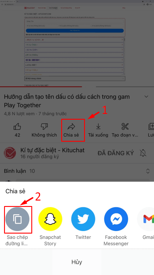 Sao chép link từ Youtube