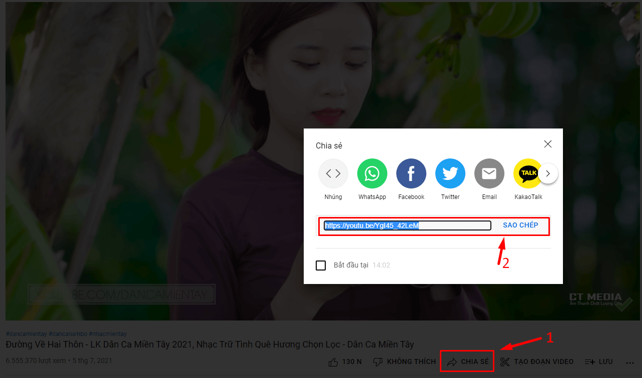 Sao chép link từ Youtube
